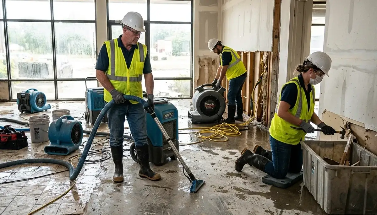 Flood damage cleanup crew restoring a home in Independence, MO after heavy rain