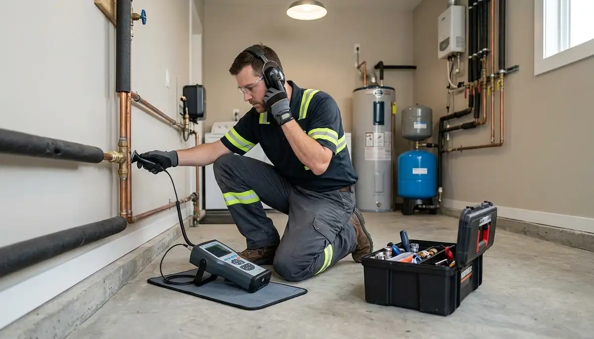 Leak detection technician inspecting hidden water leak in Independence, MO home