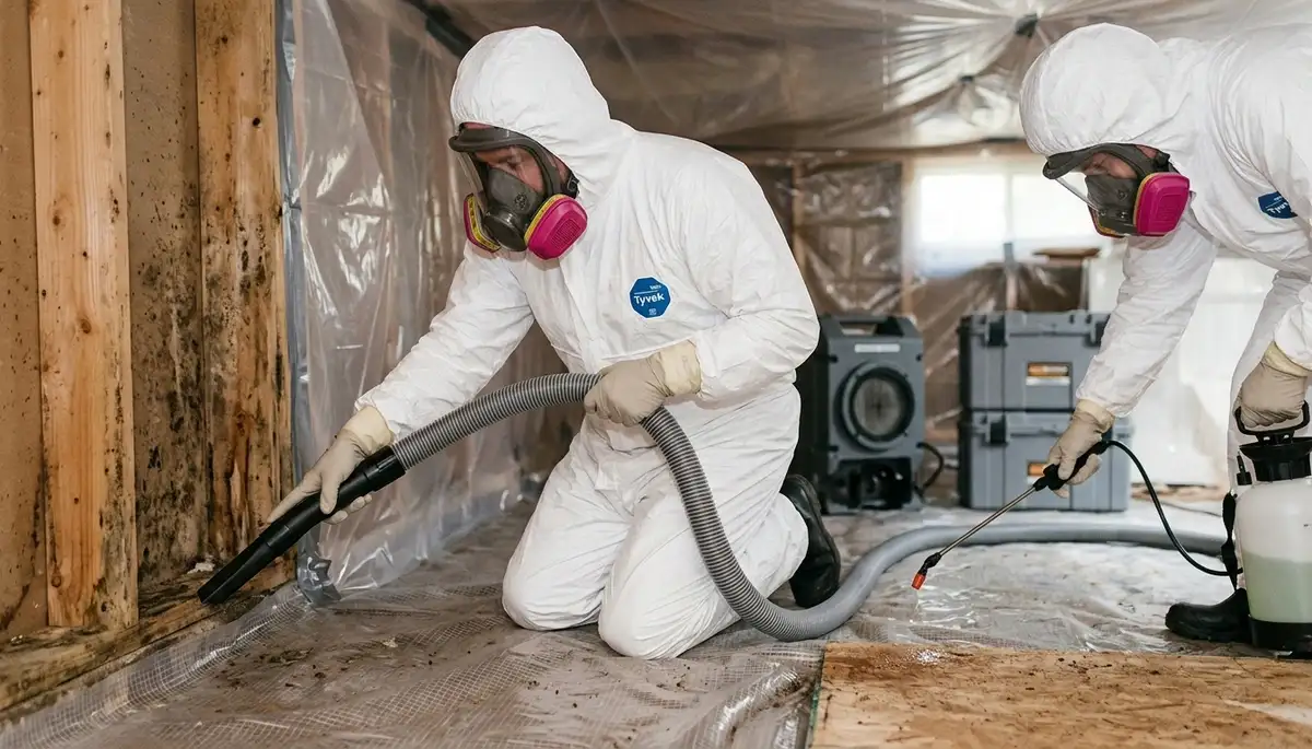 Mold removal service team inspecting moisture damage in Independence, MO home