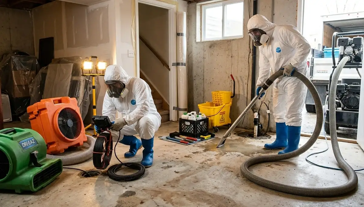 Sewage cleanup team in Independence, MO removing contaminated water from a home basement