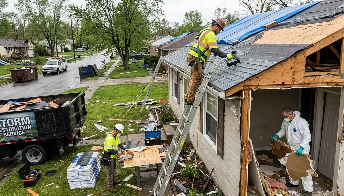 Storm damage restoration crew repairing water damage in Independence, MO