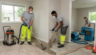 Water damage restoration team in Independence, MO inspecting flood damage in a home
