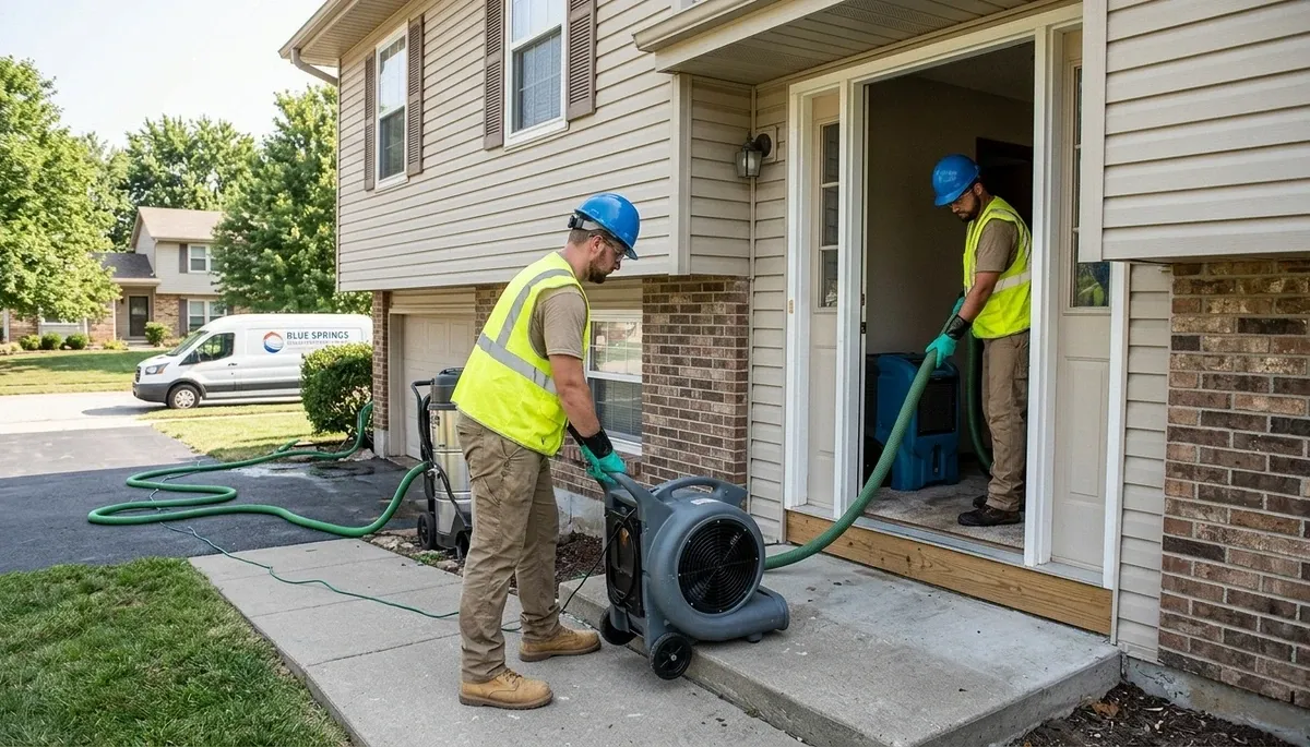 Water damage restoration team in Independence, MO inspecting flood damage in a home