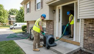 Water damage restoration team in Independence, MO inspecting flood damage in a home
