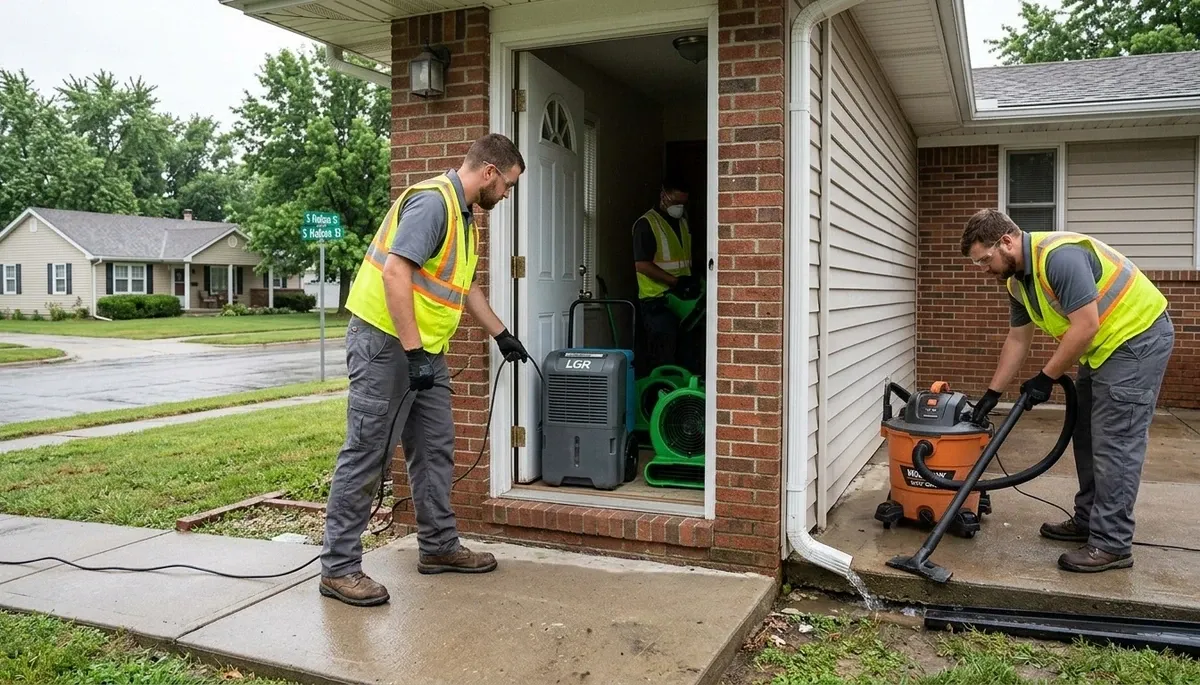 Water damage restoration team in Independence, MO inspecting a flooded home interior