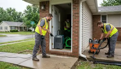 Water damage restoration team in Independence, MO inspecting a flooded home interior