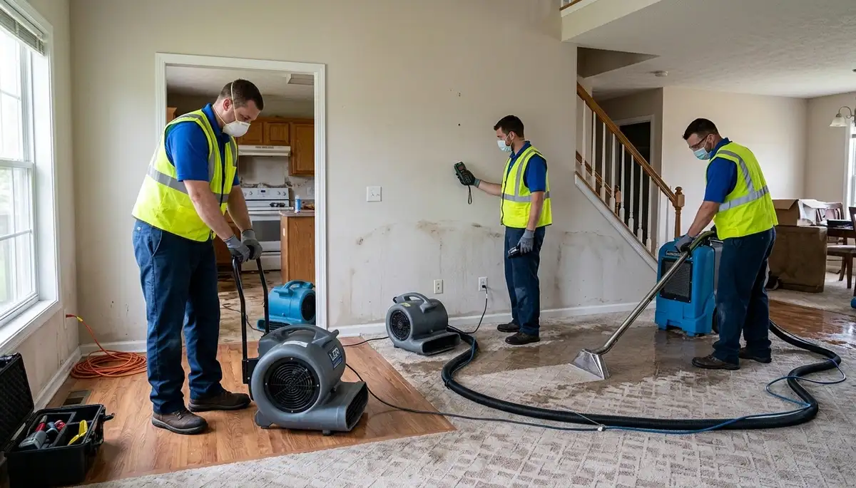 Water damage restoration team in Independence, MO inspecting a flooded home interior