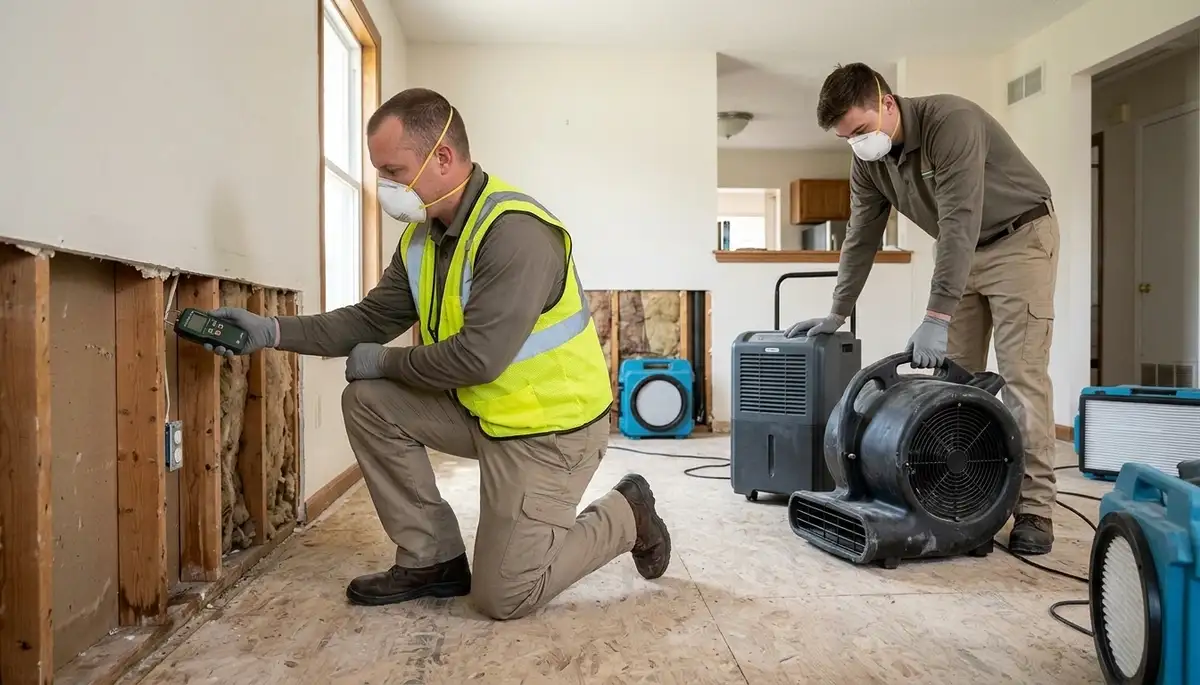 Water damage restoration team in Independence, MO inspecting a flooded property