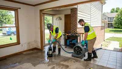 Water damage restoration team in Independence, MO inspecting a flooded home for cleanup and drying
