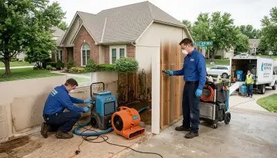 Water damage restoration team in Independence, MO inspecting cleanup work in a damaged property