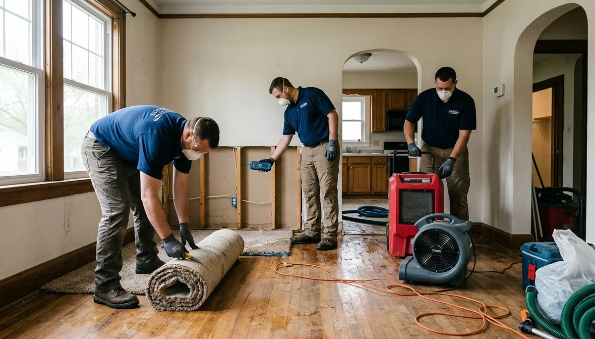 Water damage restoration team in Independence, MO inspecting and drying a damaged property