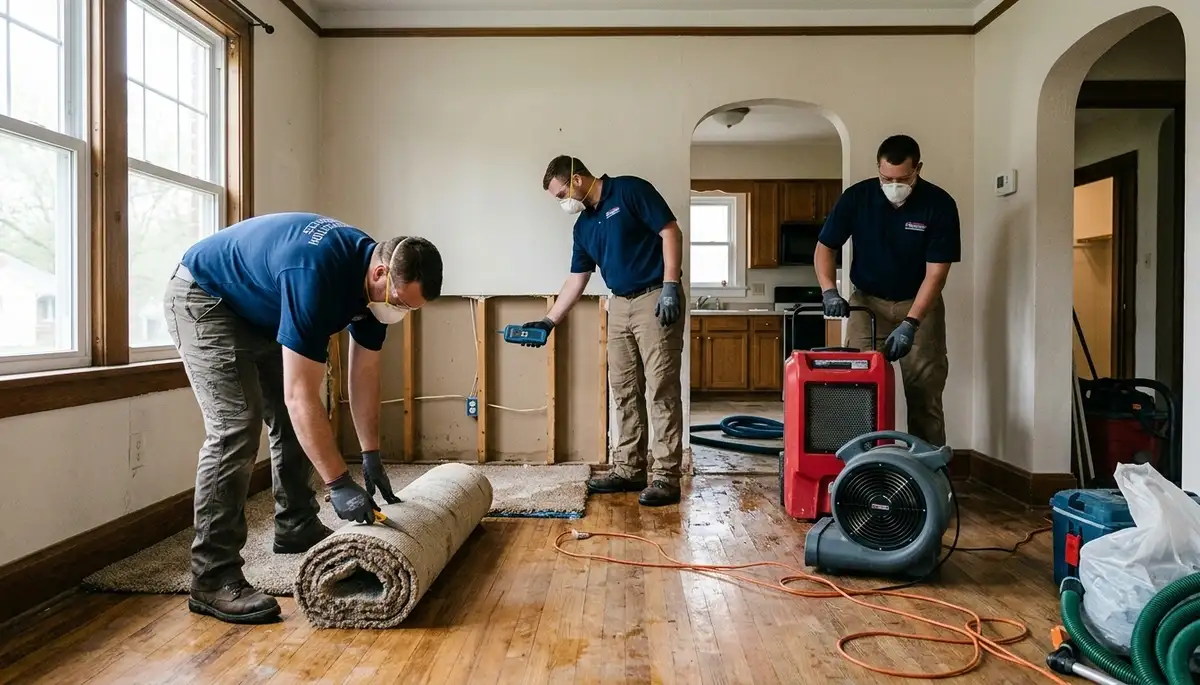 Water damage restoration team in Independence, MO inspecting and drying a damaged property