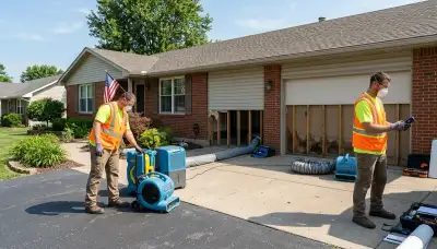 Water damage restoration team in Independence, MO inspecting property for water cleanup and repairs