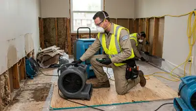 Water damage restoration team in Independence, MO inspecting a flooded home for cleanup and repair